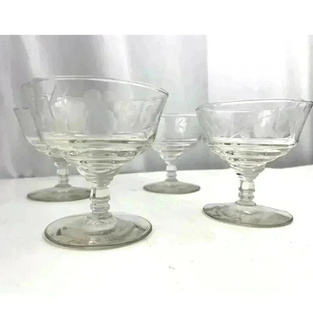 VTG Set of 4 Pedestal Etched Grapes Crystal‎ Sherbet Dessert Cocktail Glasses 4"